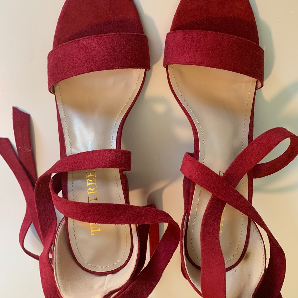 Tinstree Women's Red Suede Lace-up Sandals Chunky Heel